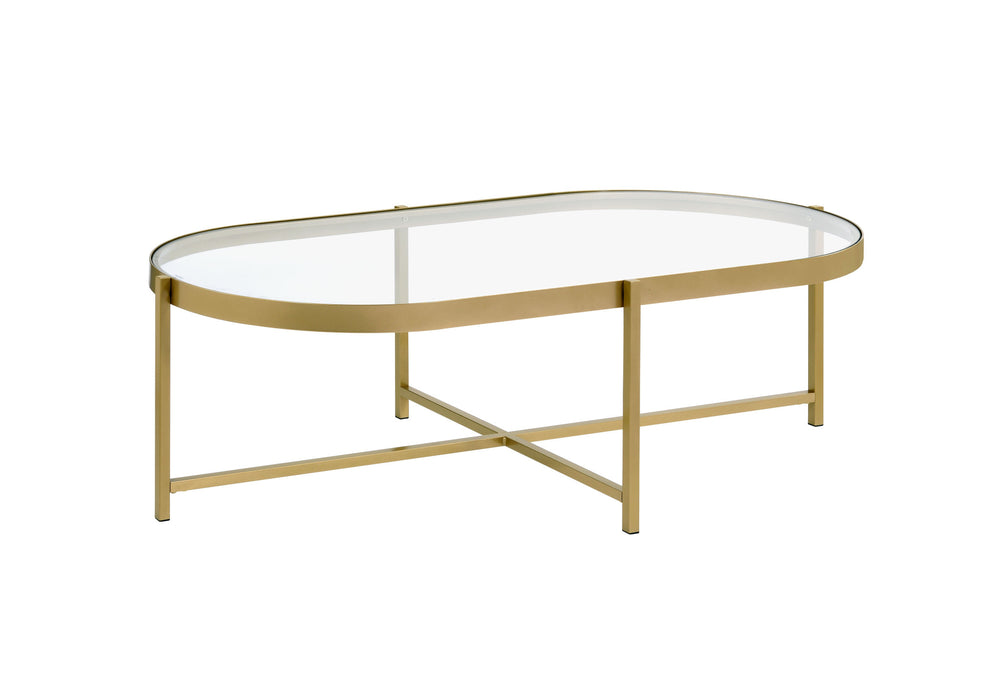 Homeroots 54" Gold And Clear Glass Oval Coffee Table   486051