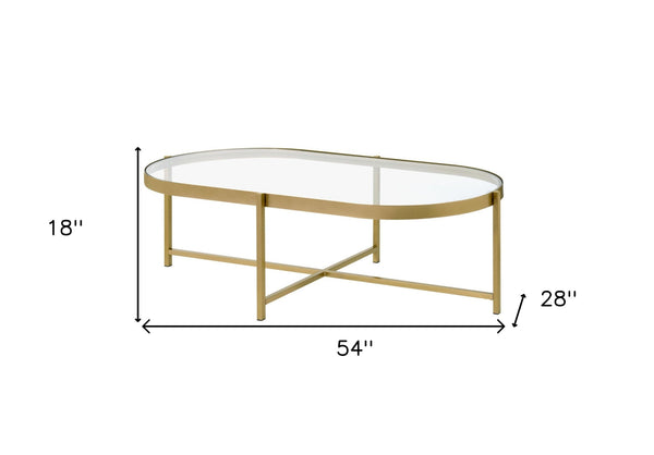Homeroots 54" Gold And Clear Glass Oval Coffee Table   486051