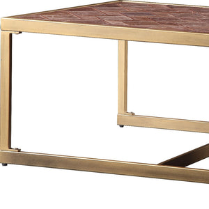 Homeroots 51" Brass And Retro Brown Leather Rectangular Coffee Table   486052