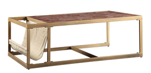 Homeroots 51" Brass And Retro Brown Leather Rectangular Coffee Table   486052