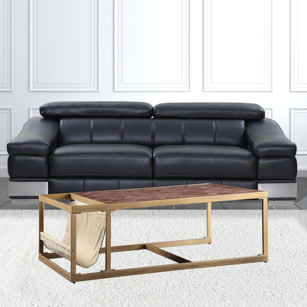 Homeroots 51" Brass And Retro Brown Leather Rectangular Coffee Table   486052
