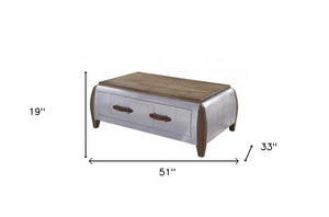 Homeroots 51" Brown And Gray Solid Wood And Aluminum Coffee Table With Drawer   486053