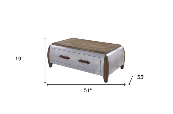 Homeroots 51" Brown And Gray Solid Wood And Aluminum Coffee Table With Drawer   486053