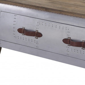 Homeroots 51" Brown And Gray Solid Wood And Aluminum Coffee Table With Drawer   486053