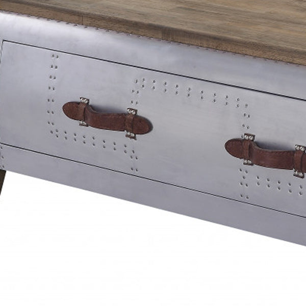 Homeroots 51" Brown And Gray Solid Wood And Aluminum Coffee Table With Drawer   486053