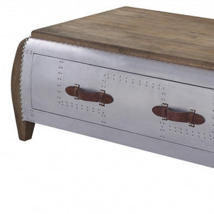 Homeroots 51" Brown And Gray Solid Wood And Aluminum Coffee Table With Drawer   486053