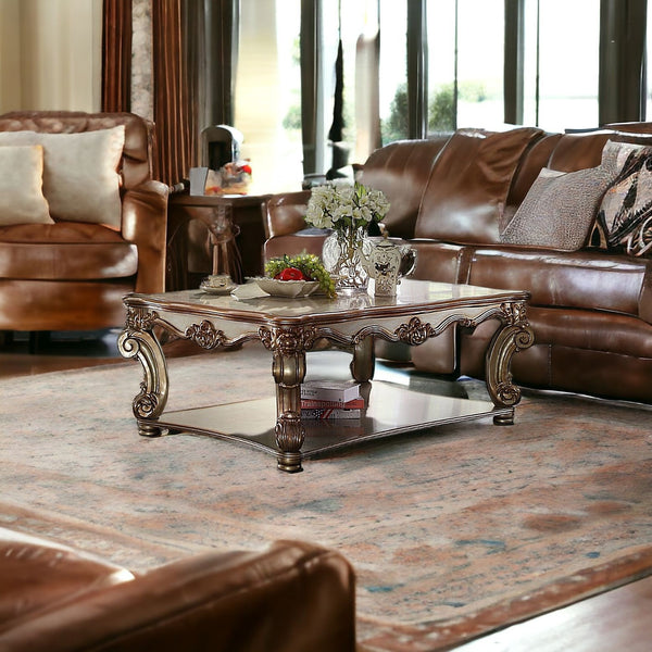 Homeroots 58" Gold Solid And Manufactured Wood Coffee Table With Shelf   486056