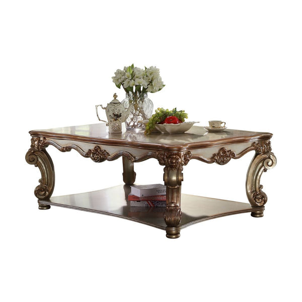 Homeroots 58" Gold Solid And Manufactured Wood Coffee Table With Shelf   486056