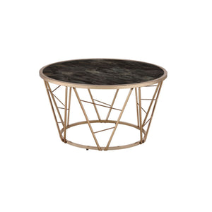 Homeroots 33" Black And Champagne Glass Faux Marble And Metal Round Coffee Table   486060