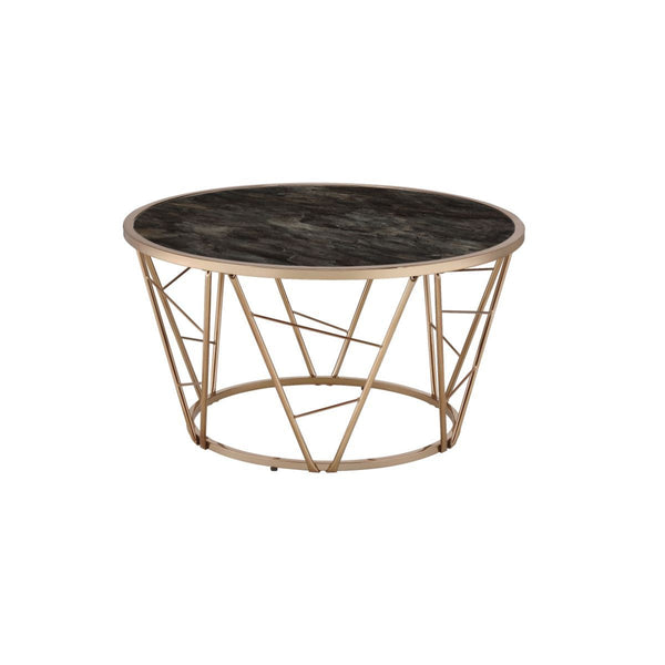 Homeroots 33" Black And Champagne Glass Faux Marble And Metal Round Coffee Table   486060