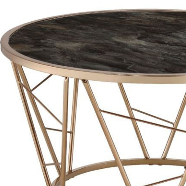 Homeroots 33" Black And Champagne Glass Faux Marble And Metal Round Coffee Table   486060