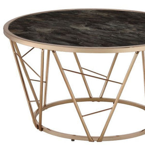 Homeroots 33" Black And Champagne Glass Faux Marble And Metal Round Coffee Table   486060