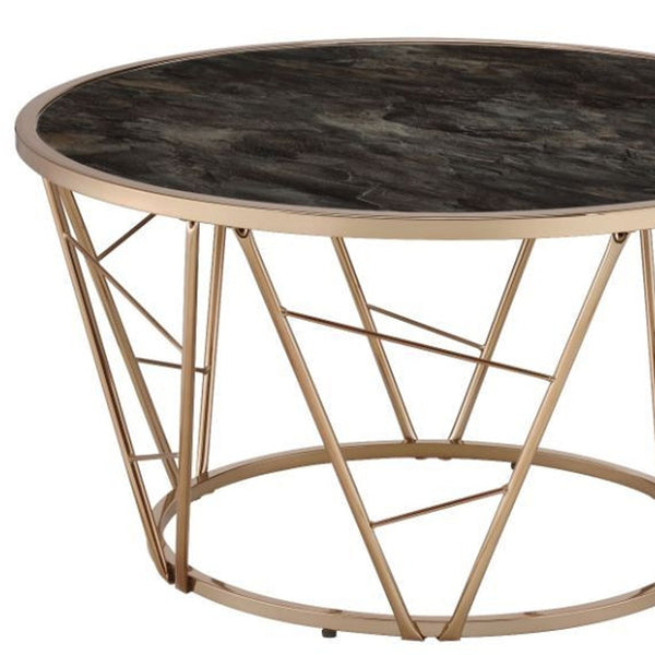 Homeroots 33" Black And Champagne Glass Faux Marble And Metal Round Coffee Table   486060