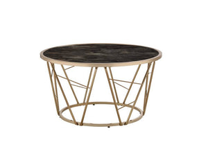 Homeroots 33" Black And Champagne Glass Faux Marble And Metal Round Coffee Table   486060