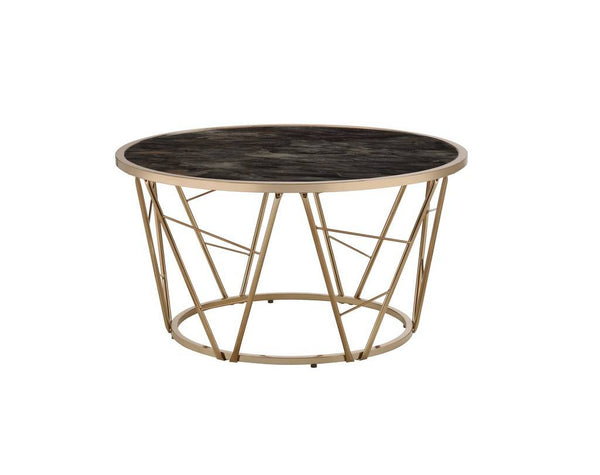 Homeroots 33" Black And Champagne Glass Faux Marble And Metal Round Coffee Table   486060