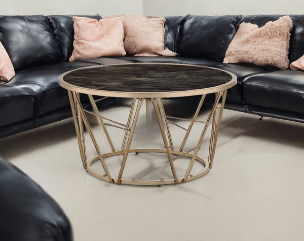 Homeroots 33" Black And Champagne Glass Faux Marble And Metal Round Coffee Table   486060