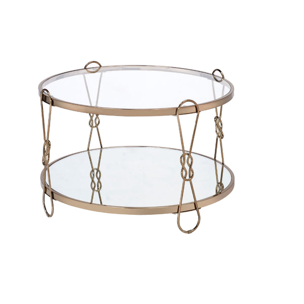 Homeroots 32" Champagne And Silver Mirrored Round Mirrored Coffee Table With Shelf   486064