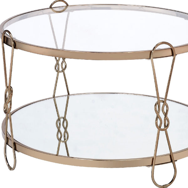 Homeroots 32" Champagne And Silver Mirrored Round Mirrored Coffee Table With Shelf   486064