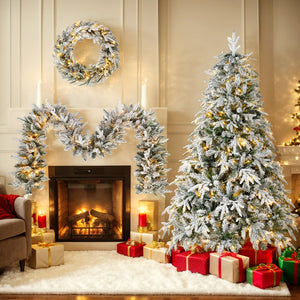 English Elm Christmas Snow Flocked Wreath Set with 9ft Garland & 6ft Tree, Warm LED Lights, 3-Piece Indoor Decor (100) PX283313AAW