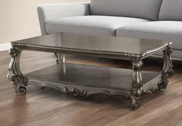 HomeRoots 59" Gray Wood Coffee Table with Durable Polyresin, Chic Design & Convenient Storage Shelf Option 486070