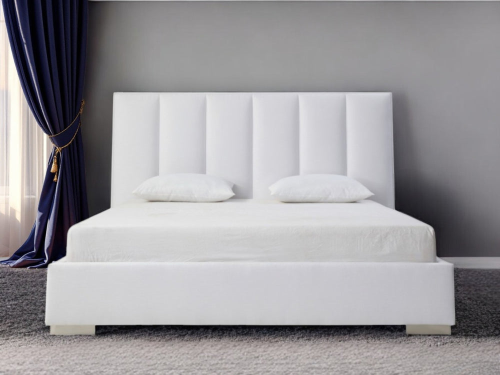 HomeRoots White Elegant Ribbed Velvet Queen Bed Frame – Plush Upholstered Design for Modern Bedrooms & Comfort 486078