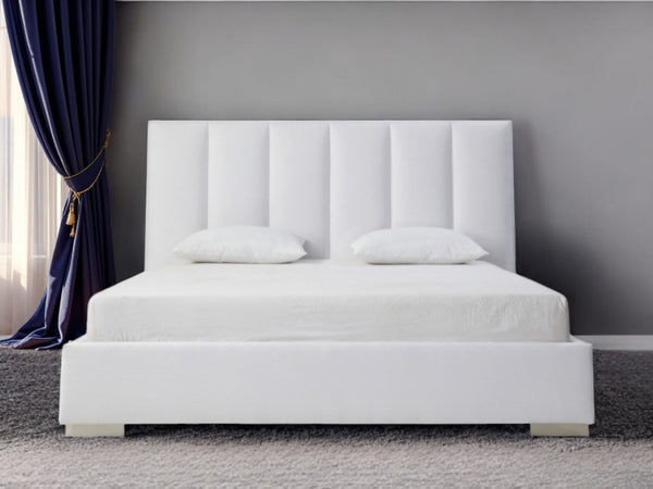 HomeRoots White Elegant Ribbed Velvet Queen Bed Frame – Plush Upholstered Design for Modern Bedrooms & Comfort 486078