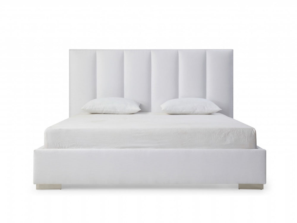 HomeRoots White Elegant Ribbed Velvet Queen Bed Frame – Plush Upholstered Design for Modern Bedrooms & Comfort 486078