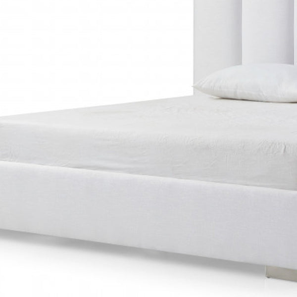 HomeRoots White Elegant Ribbed Velvet Queen Bed Frame – Plush Upholstered Design for Modern Bedrooms & Comfort 486078