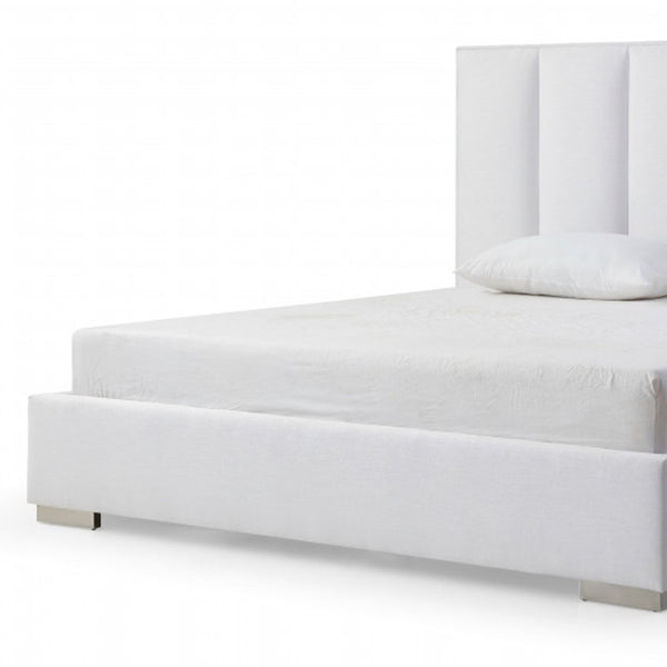 HomeRoots White Elegant Ribbed Velvet Queen Bed Frame – Plush Upholstered Design for Modern Bedrooms & Comfort 486078