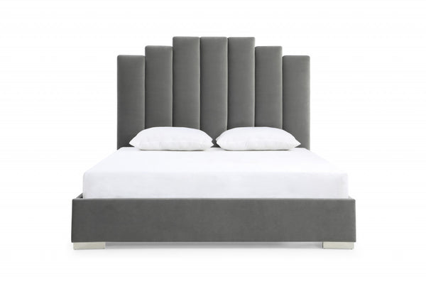 Homeroots King Grey Upholstered Vertical Channel Velvet Bed With Usb  Mdf 486079