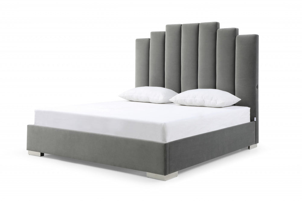 Homeroots King Grey Upholstered Vertical Channel Velvet Bed With Usb  Mdf 486079