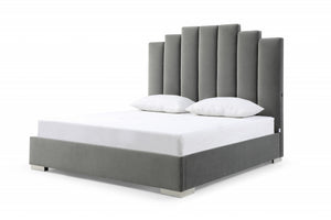 Homeroots King Grey Upholstered Vertical Channel Velvet Bed With Usb  Mdf 486079