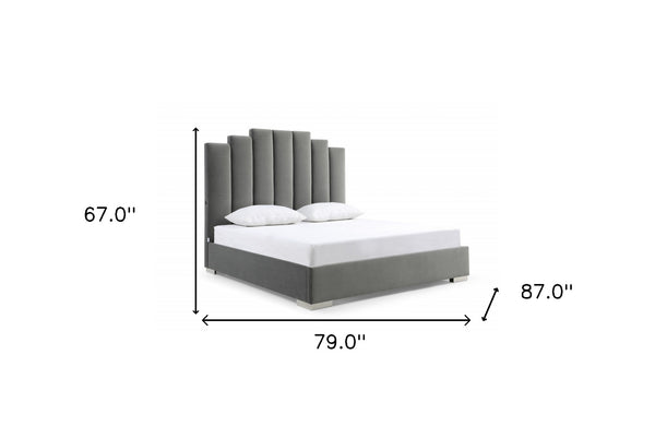 Homeroots King Grey Upholstered Vertical Channel Velvet Bed With Usb  Mdf 486079