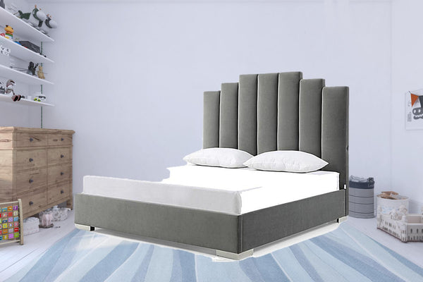 Homeroots King Grey Upholstered Vertical Channel Velvet Bed With Usb  Mdf 486079