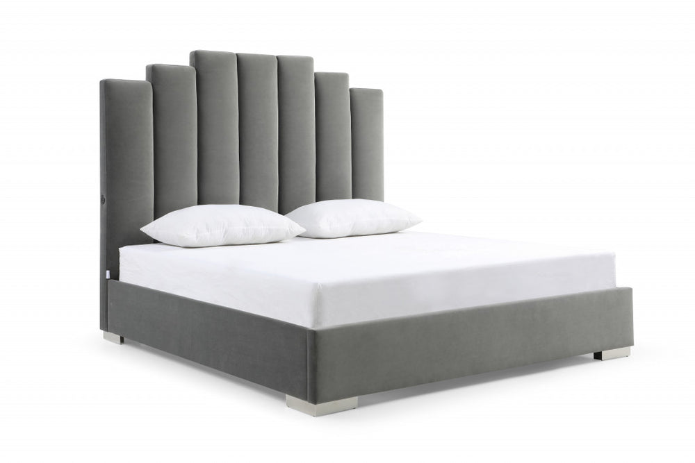 Homeroots Queen Grey Upholstered Vertical Channel Velvet Bed With Usb  Mdf 486081