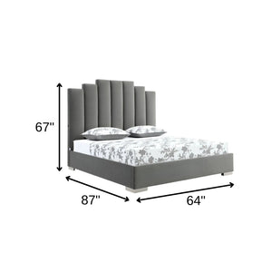 HomeRoots Queen Grey Velvet Upholstered Bed with USB Ports - Modern Channel Tufted Design for Ultimate Comfort 486081
