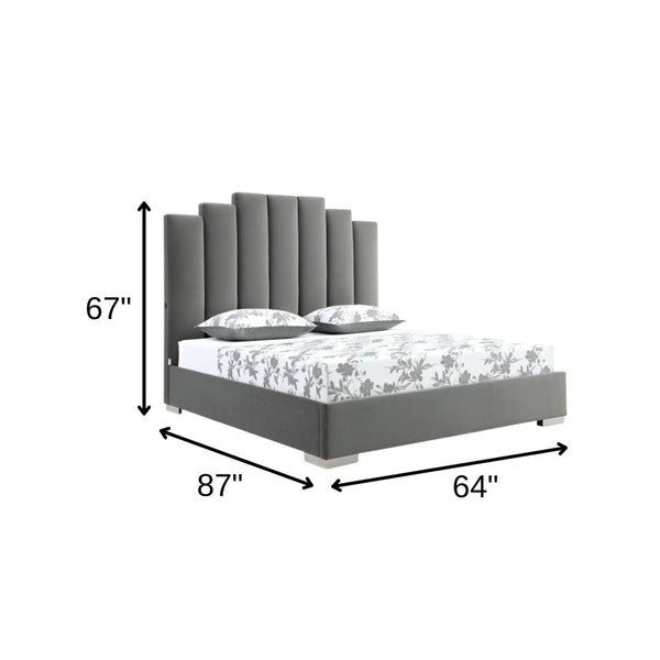 HomeRoots Queen Grey Velvet Upholstered Bed with USB Ports - Modern Channel Tufted Design for Ultimate Comfort 486081