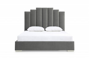 Homeroots Queen Grey Upholstered Vertical Channel Velvet Bed With Usb  Mdf 486081
