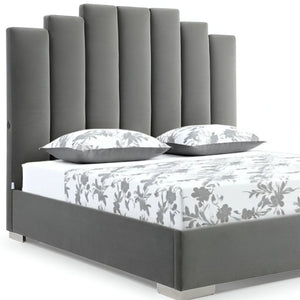 HomeRoots Queen Grey Velvet Upholstered Bed with USB Ports - Modern Channel Tufted Design for Ultimate Comfort 486081