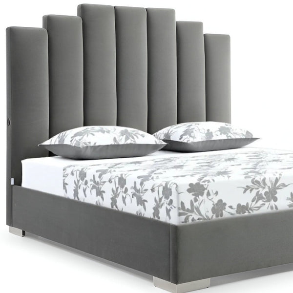 HomeRoots Queen Grey Velvet Upholstered Bed with USB Ports - Modern Channel Tufted Design for Ultimate Comfort 486081