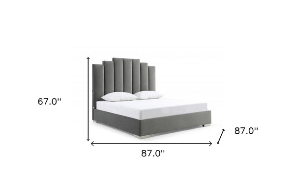 Homeroots Queen Grey Upholstered Vertical Channel Velvet Bed With Usb  Mdf 486081