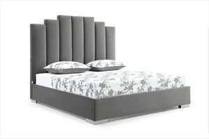 HomeRoots Queen Grey Velvet Upholstered Bed with USB Ports - Modern Channel Tufted Design for Ultimate Comfort 486081
