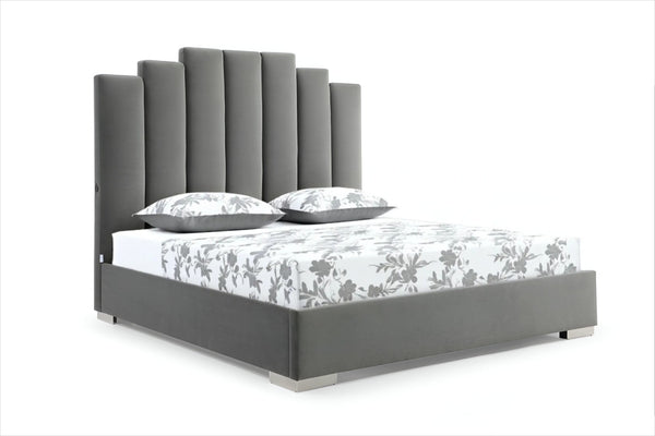 HomeRoots Queen Grey Velvet Upholstered Bed with USB Ports - Modern Channel Tufted Design for Ultimate Comfort 486081