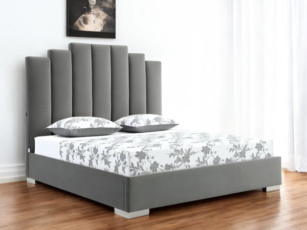 HomeRoots Queen Grey Velvet Upholstered Bed with USB Ports - Modern Channel Tufted Design for Ultimate Comfort 486081