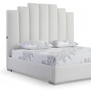 HomeRoots White Faux Leather Queen Bed Frame with USB Ports, Modern Design & Sturdy Support for Ultimate Comfort 486082
