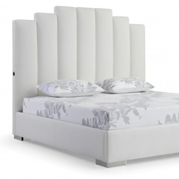 HomeRoots White Faux Leather Queen Bed Frame with USB Ports, Modern Design & Sturdy Support for Ultimate Comfort 486082