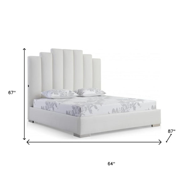 HomeRoots White Faux Leather Queen Bed Frame with USB Ports, Modern Design & Sturdy Support for Ultimate Comfort 486082