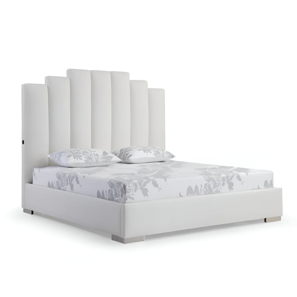 HomeRoots White Faux Leather Queen Bed Frame with USB Ports, Modern Design & Sturdy Support for Ultimate Comfort 486082