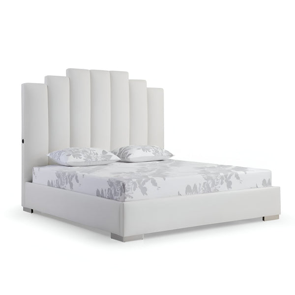 HomeRoots White Faux Leather Queen Bed Frame with USB Ports, Modern Design & Sturdy Support for Ultimate Comfort 486082