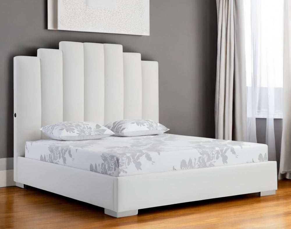 HomeRoots White Faux Leather Queen Bed Frame with USB Ports, Modern Design & Sturdy Support for Ultimate Comfort 486082